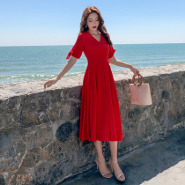 Chiffon dress womens summer V-neck holiday dress Xiaoxiang air quality waist thin Hepburn style red dress