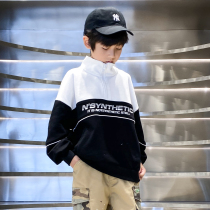 Boys  letter contrast color stitching sweater 2021 new spring handsome trend middle and large children stand-up collar jacket top