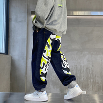 Boys spring clothing jeans 2021 New bump color printing relaxed foreign air personality CUHK Scout pants Long pants Pants