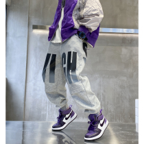  Boys spring gradient letter printing sweatpants 2021 new sweatpants loose black casual pants big childrens trend