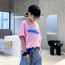 Boy three-dimensional letter printed short sleeve 2021 new Korean version Ocean Gas Round Collar Loose CUHK Tong T-Shirt Half Cuff Tide