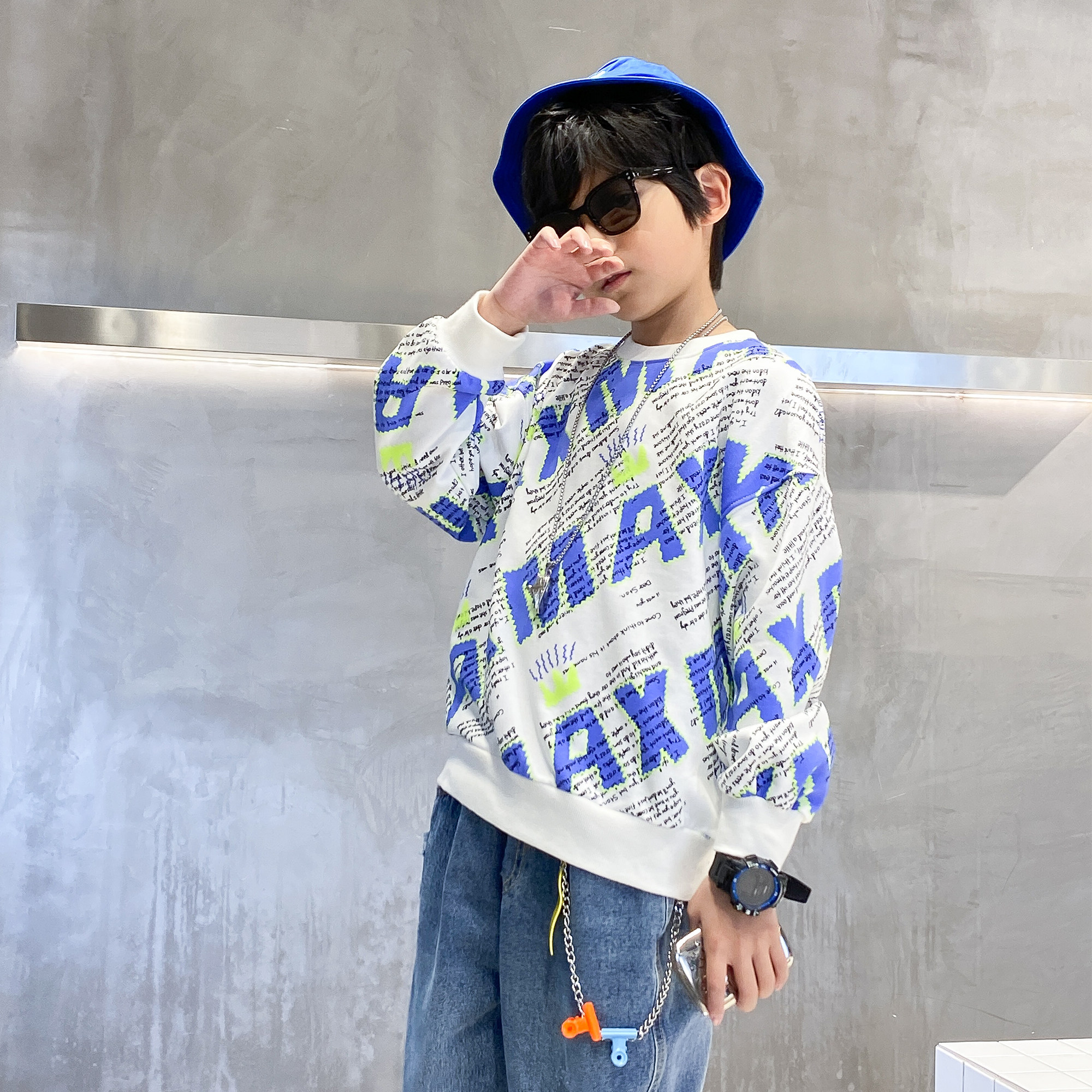 2021 new spring clothing boy full of printed letters round thick cotton T children suit foreign trend CUHK child cover headcoat