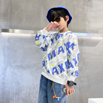  2021 new spring boys full printing letters round neck sweater childrens western style trend middle and large childrens pullover