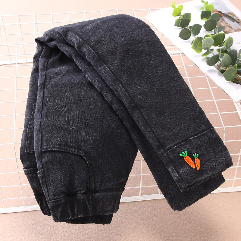 Girls cotton pants three-layer velvet thickened outer wear black girls middle-aged children's jeans elastic tight-fitting narrow-pipe pants