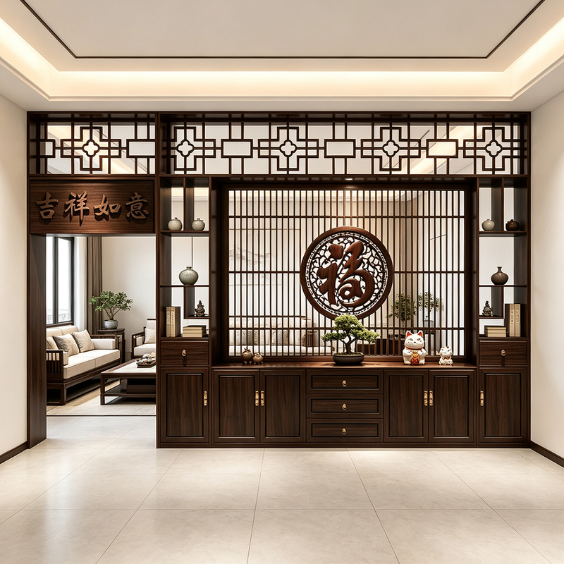 New Chinese-Style Entrance Screen Partition Cabinet with a Fortune Character, Used as a Divider for the Villa's Living Room, Made of Solid Wood New Chinese-Style Entrance Screen Partition Cabinet with a Fortune Character, Used as a Divider for the Villa's Living Room, Made of Solid Wood