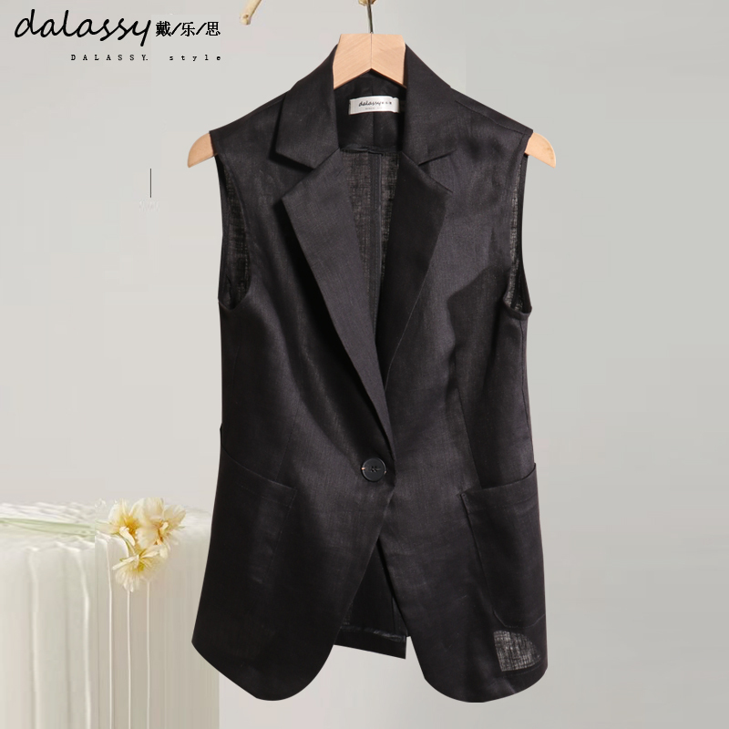100% Linen Mid-Length Suit Vest for Women, Summer 2025 New Style, Stylish Sleeveless Vest, Black 100% Linen Mid-Length Suit Vest for Women, Summer 2025 New Style, Stylish Sleeveless Vest, Black