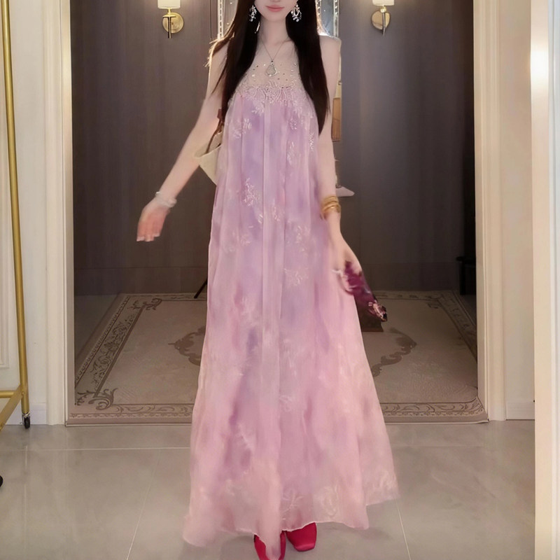 2026 New French-Style Ultra-Fairy Sheer Patchwork Dress for Women, Summer Fashion, Age-Reducing Pink Sweet Style Vacation Long Dress