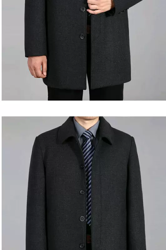 Áo khoác cashmere nam trung niên, áo khoác mùa đông của bố già, áo khoác len dài vừa vặn của bố