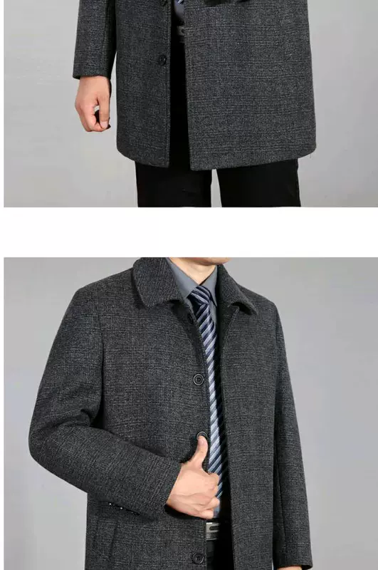 Áo khoác cashmere nam trung niên, áo khoác mùa đông của bố già, áo khoác len dài vừa vặn của bố