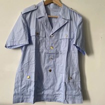 Genuine 87 summer empty blue short-sleeved shirt nostalgic dry four pockets back slit vintage yarn card mens shirt