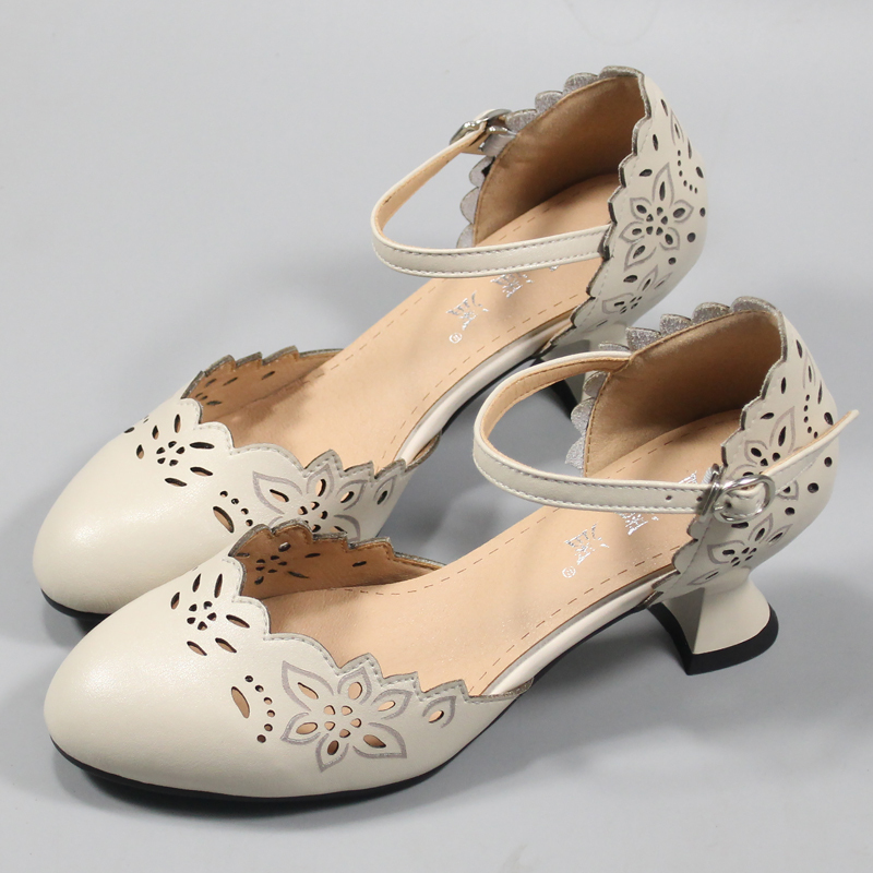 Elegant Genuine Leather Retro Wine Glass Heel Hollow Carved Women's Sandals Summer Closed-Toe High Heels Chinese Style Cheongsam Shoes