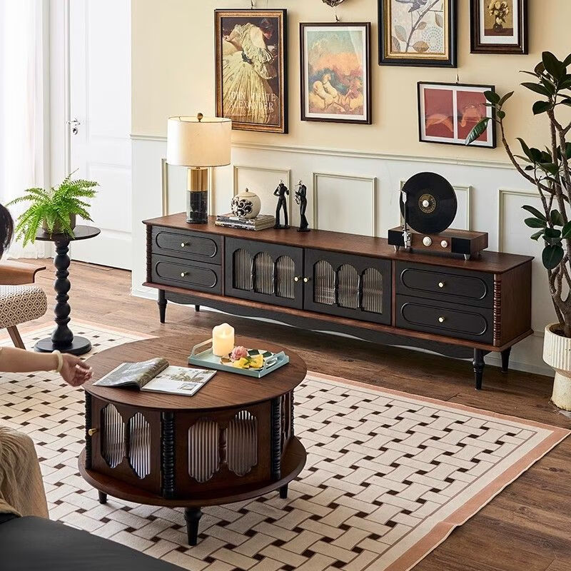 French-Style Mid-Century Solid Wood Tv Cabinet for Living Room, Vintage Tv Cabinet and Coffee Table Combination with Storage French-Style Mid-Century Solid Wood Tv Cabinet for Living Room, Vintage Tv Cabinet and Coffee Table Combination with Storage
