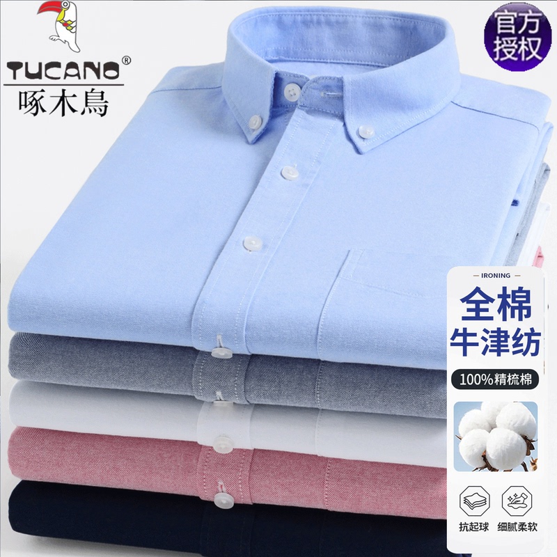 Woodpecker High-End Men's 100% Pure Cotton Shirt Long-Sleeved Non-Iron 2026 Autumn All-Cotton Oxford Shirt for Men