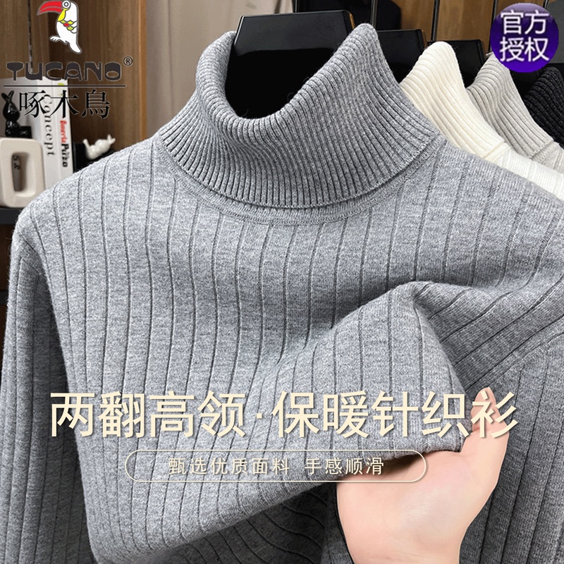 Woodpecker Men's Thick Turtleneck Sweater with Double Collar, Warm Knitwear, Casual Versatile Ribbed Base Layer Top