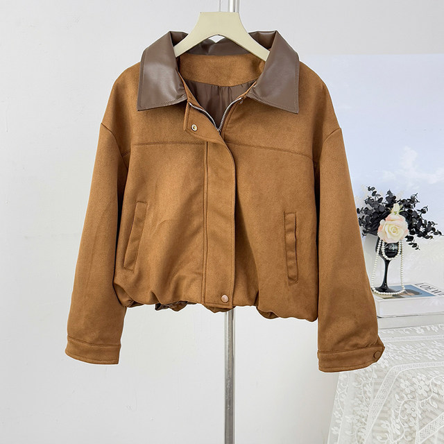 American retro suede contrasting color lapel long-sleeved zipper jacket for women autumn 2025 fashionable age-reducing loose short top