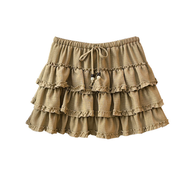 Ballet style fungus stitched puffy skirt for women summer 2025 drawstring straps high waist A-line tiered cake skirt