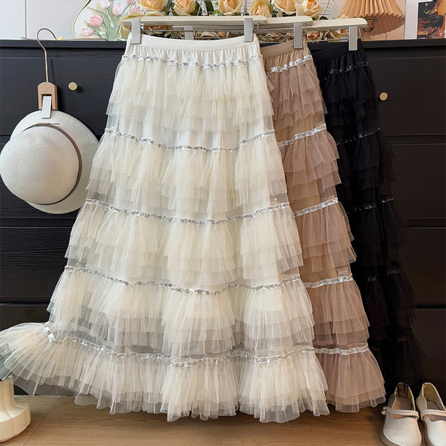 French Heavy Industry Sparkling Sequins Mesh Puffy Skirt Women's Autumn 2025 High Waist A-Line Loose Layer Cake Skirt