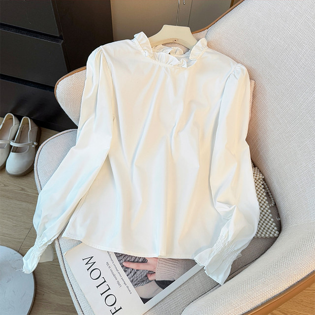 Korean-Style Sweet White Lace Collar Long-Sleeve Shirt for Women, Spring 2026 New Trendy Youthful Loose Pullover Top