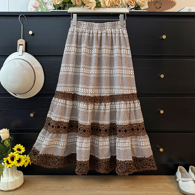 French lace stitching hollow contrast plaid skirt for women autumn 2025 high waist A-line loose cake long skirt