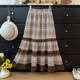 French lace stitching hollow contrast plaid skirt for women autumn 2025 high waist A-line loose cake long skirt