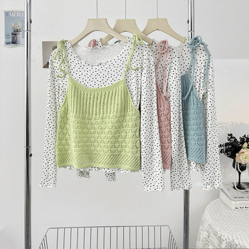 Sweet and Fresh Floral Ruffle Long-Sleeve T-Shirt for Women, Spring 2026, Layered Knit Camisole Two-Piece Set