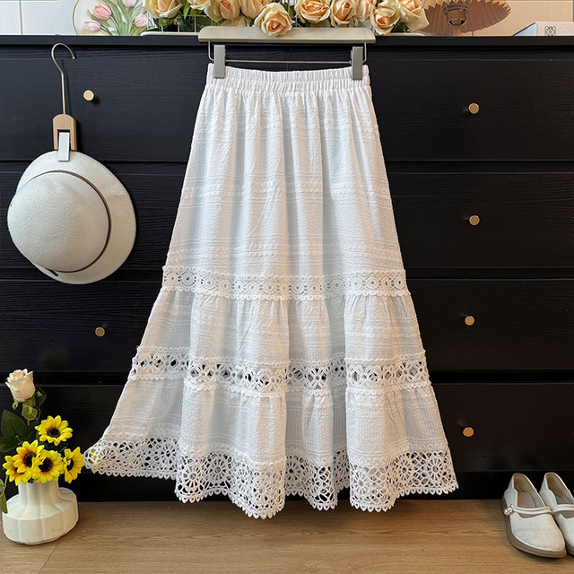 French lace stitching hollow contrast plaid skirt for women autumn 2025 high waist A-line loose cake long skirt