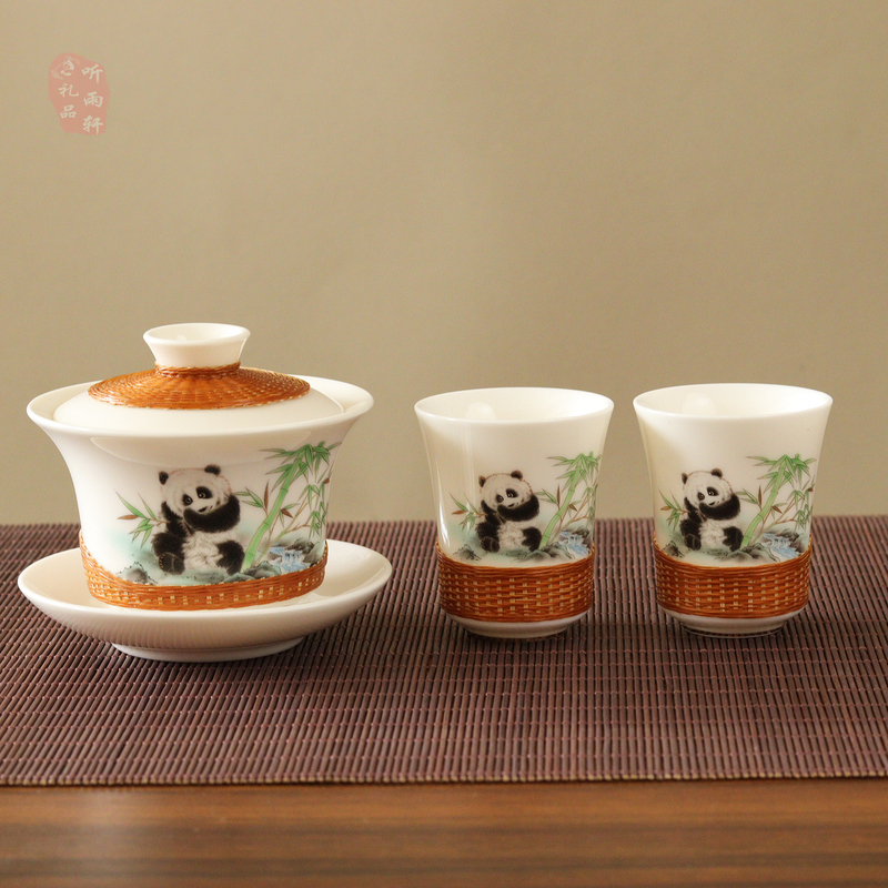 Porcelain Base Bamboo Woven Panda Gaiwan with Bamboo Silk Handle, Porcelain Kung Fu Tea Set for Home and Office, Sichuan Specialty Intangible Cultural Heritage Gift