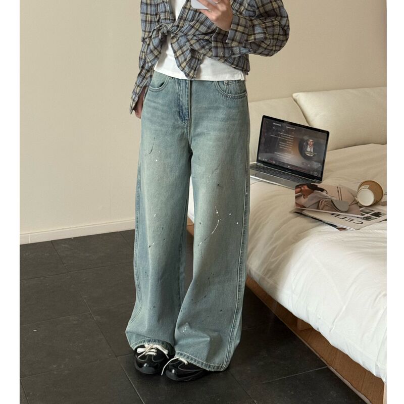 【Yisiliu】Petite Spring/Summer Washed Heavy-Duty Silver-Embellished Wide-Leg Light-Colored Jeans