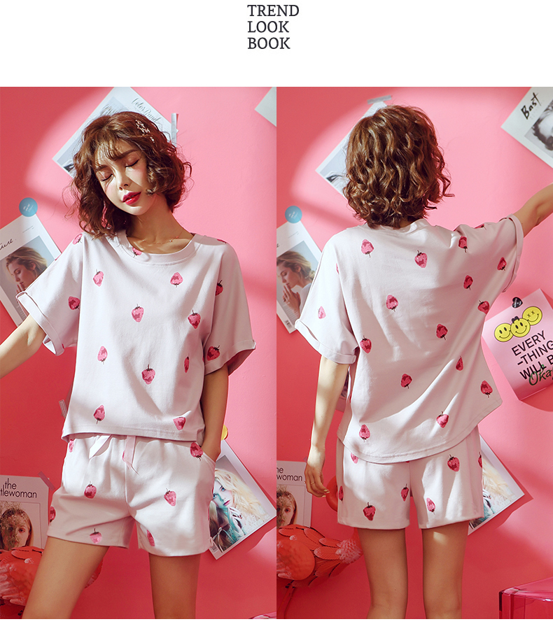 Bộ đồ ngủ nữ mùa hè Bộ đồ ngắn tay hai mảnh Dâu tây Hàn Quốc Ngọt ngào Cô gái dễ thương sinh viên có thể mặc dịch vụ tại nhà bộ đồ mặc nhà phong cách Hàn Quốc