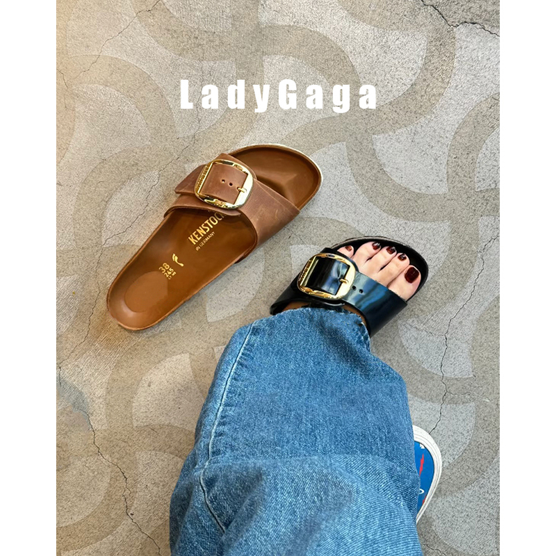 Ladygaga~Top Version~Large Buckle Birkenstock Slippers Genuine Leather Cork Thick Sole Summer Unisex Couple Sandals Single Buckle