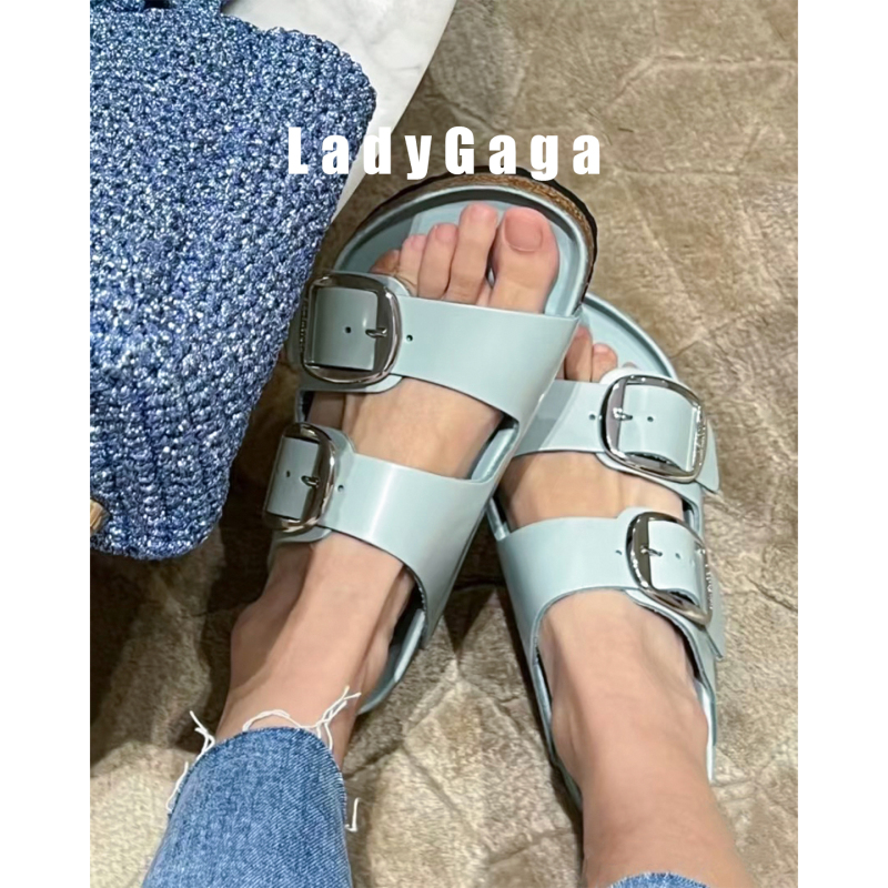 Ladygaga~Top Version~ Big Buckle Birkenstock Slippers, Genuine Leather Cork Thick-Soled Summer Sandals for Outdoor Wear, Lake Blue