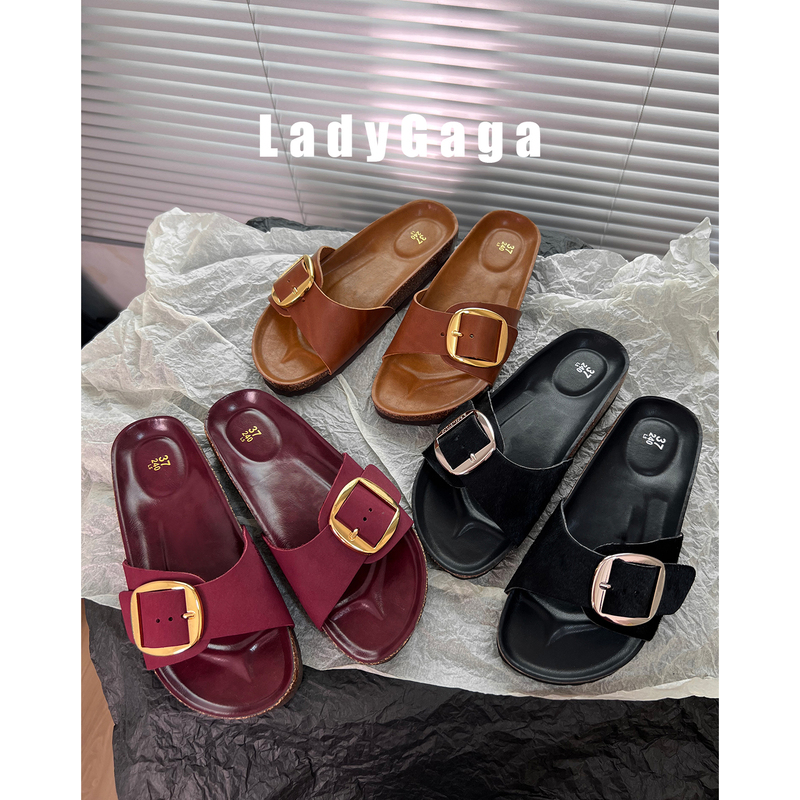 Lady Gaga~Top Version~ Big Gold Buckle Birkenstock Slippers Genuine Leather Cork Sole Thick Sole Summer Unisex Sandals Single Buckle Lady Gaga~Top Version~ Big Gold Buckle Birkenstock Slippers Genuine Leather Cork Sole Thick Sole Summer Unisex Sandals Single Buckle