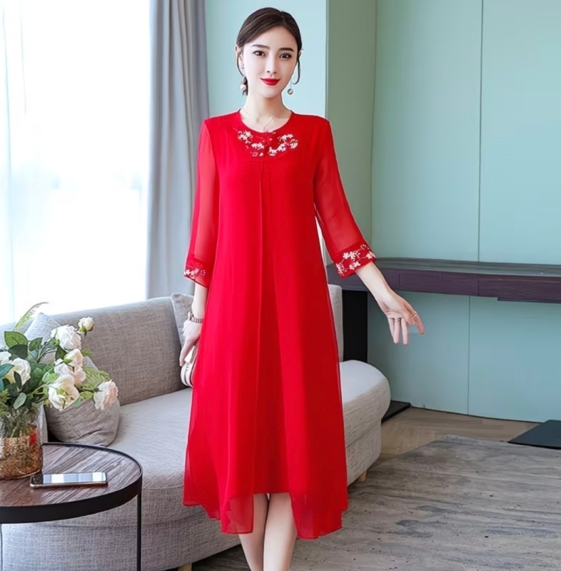 Summer New Plus-Size Women's Loose-Fitting Slimming Dress for Chubby Women 100kg Red Mid-Length Chiffon Dress That Covers the Belly