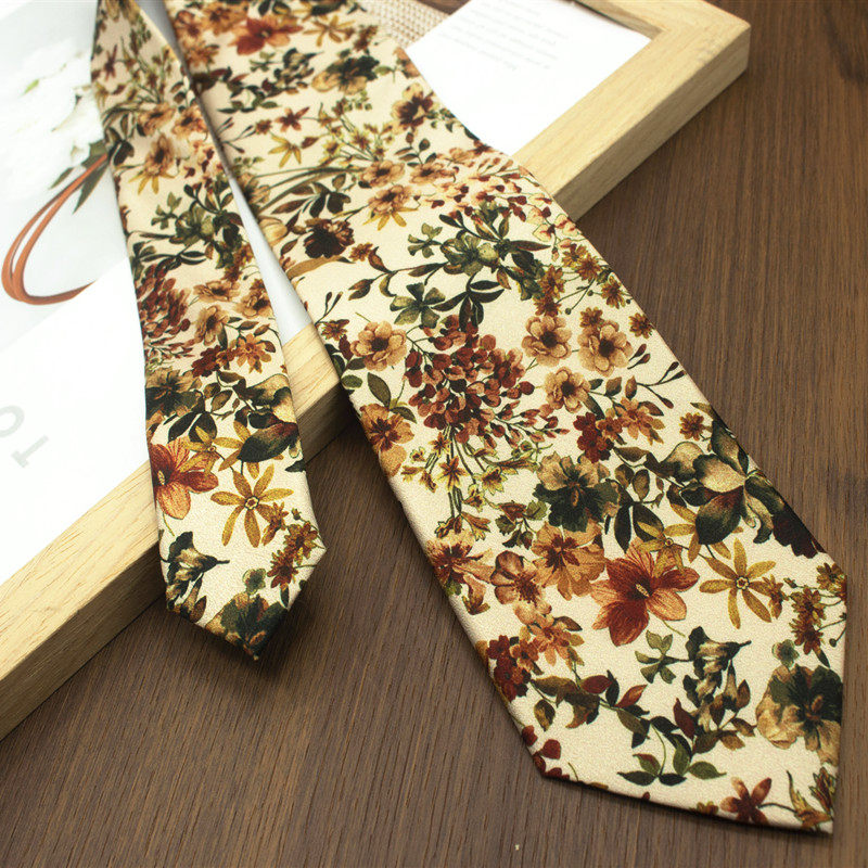 Oil Painting Series Floral Print Vintage Mysterious Pattern Men's and Women's Casual Tie Wedding Stage Coffee Color Yellow