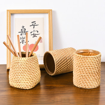 仿藤编笔筒化妆刷收纳筒插花桶多功能收纳篮茶道简约高级感藤编筒