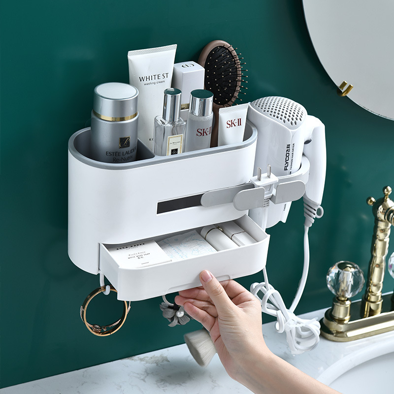 Creativity Free Punch Bathroom Makeup Room Rack Wall Hair Dryer Rack Wall-mounted Multifunction Drawer Containing box