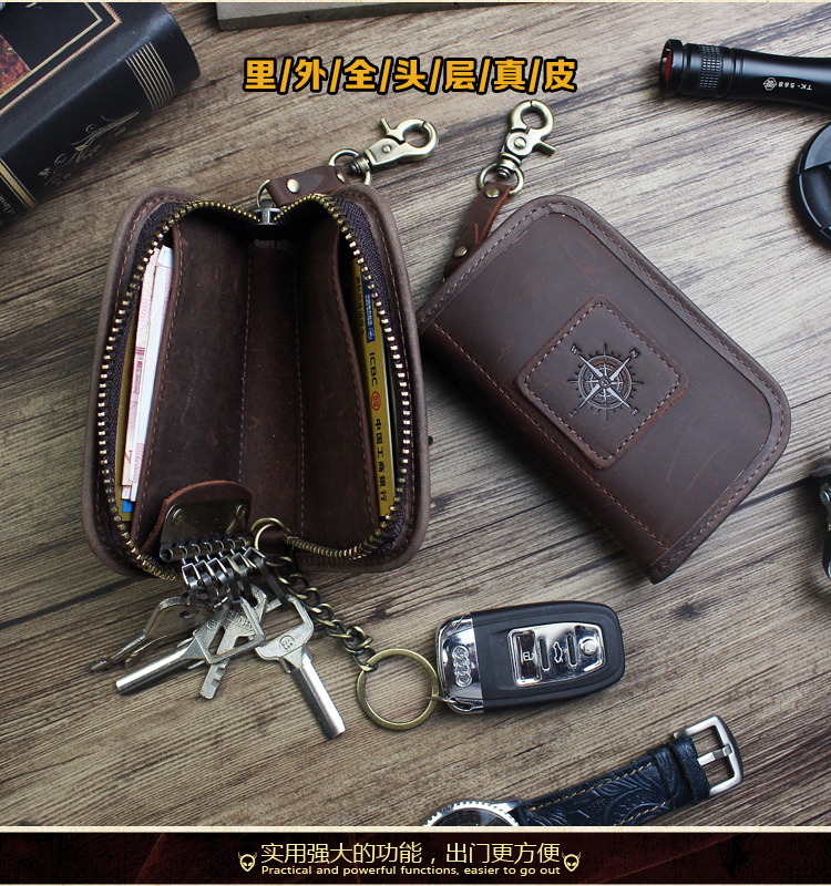 Túi da handmade thủ công retro crazy ngựa da xe túi chìa khóa đa chức năng thay đổi thẻ gói thủy triều ví móc chìa khóa nữ