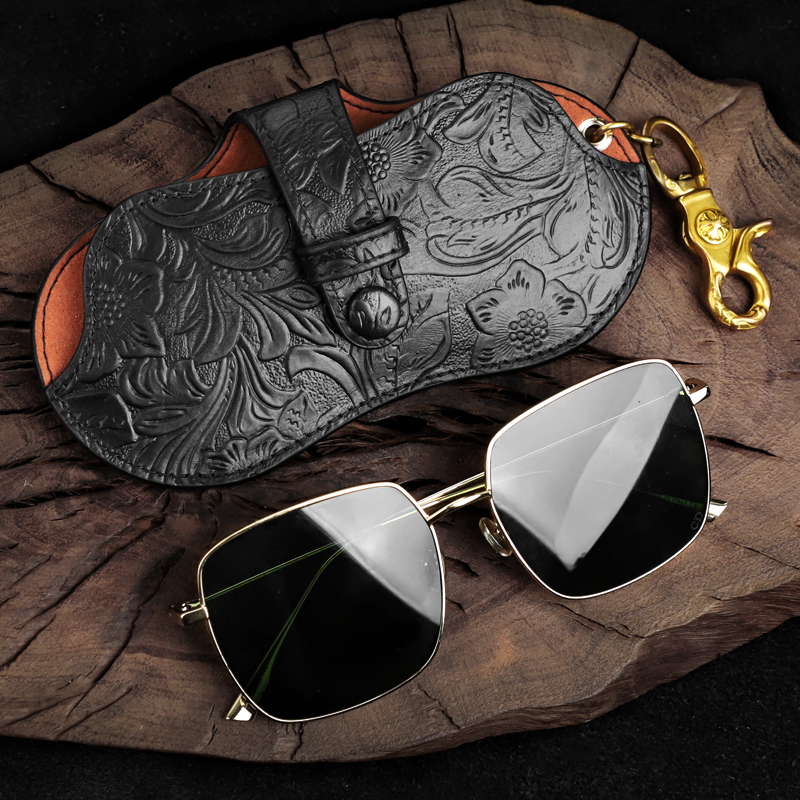 Handmade Genuine Leather Sunglasses Case for Women, Portable High-End Eyeglass Case, Sun Glasses Protective Cover, Cowhide Glasses Clip, Neck Strap, Trendy