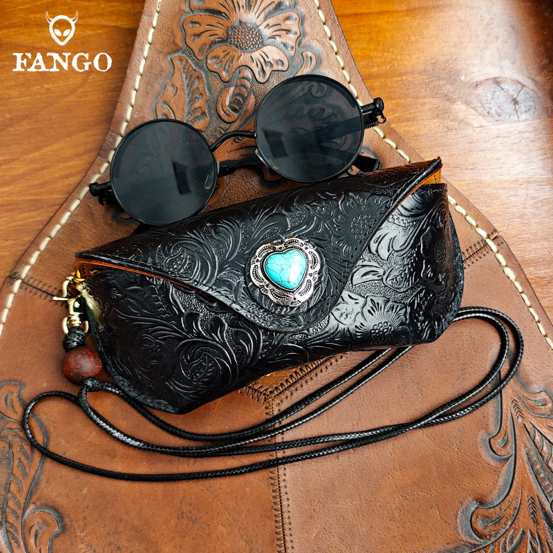 Original Handmade Cowhide Vintage Pressure-Resistant Large-Capacity Glasses Case with Neck Strap, Genuine Leather Portable Sunglasses Storage Bag