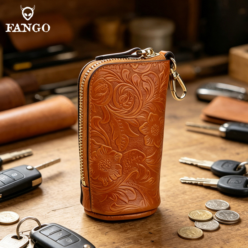 Fango Handmade Genuine Leather Car Key Case for Men, Tangcao Chinese Style First Layer Cowhide Storage Bag, Coin Purse