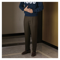 Spring and autumn full wool Brown fishbone pattern double pleated high waist trousers mens retro