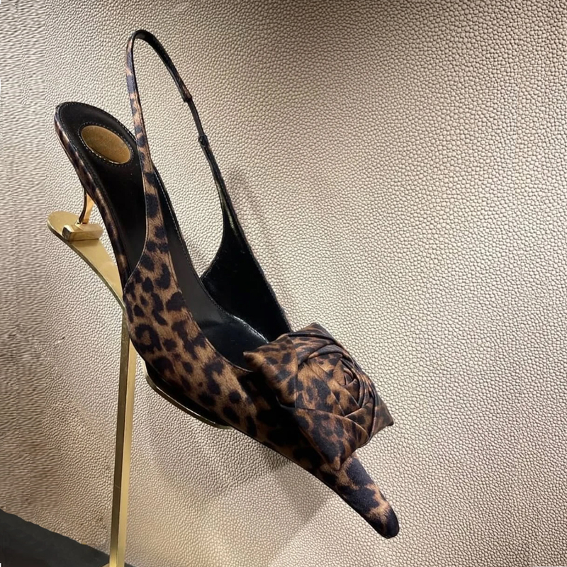 2026 Spring New French Style Open-Back Rose Leopard Print Thin Wedge Niche Design Versatile Pointed Toe Women's Shoes