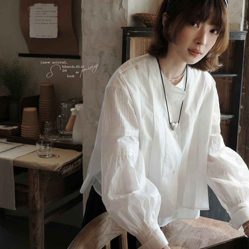 「White Line Workshop」Soft Light Sheer Fabric 26Ss Early Spring New Product 100% Cotton French Puff Sleeve White Shirt