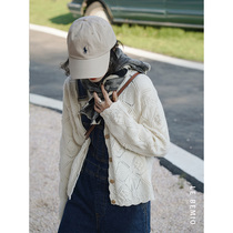 Line drawing Cream cake lazy vintage wool blend milk white three-dimensional hook woven cardigan