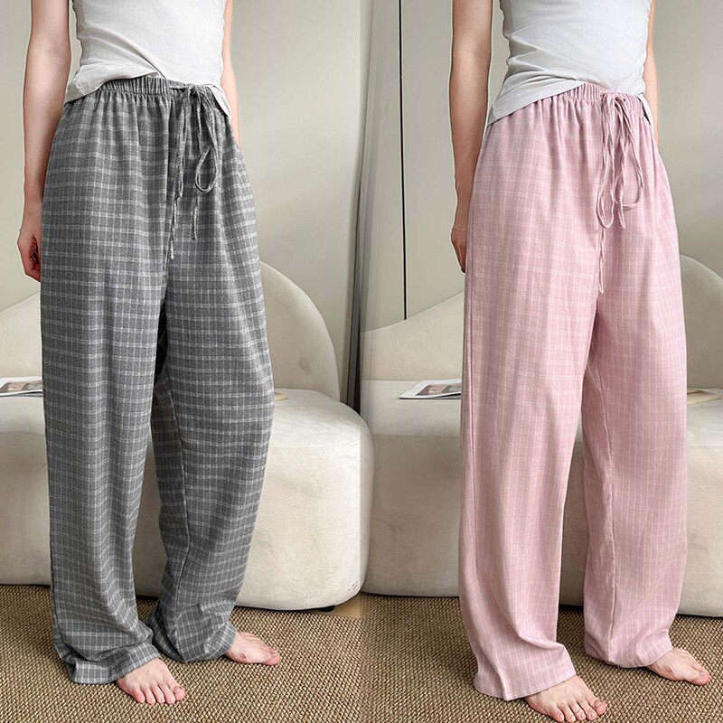Plus-Size Plaid Pajama Pants for Women, Mid-High Waist, Loose Fit, Large Size, Straight-Leg, Pure Cotton Loungewear Pants 100kg for Chubby Moms
