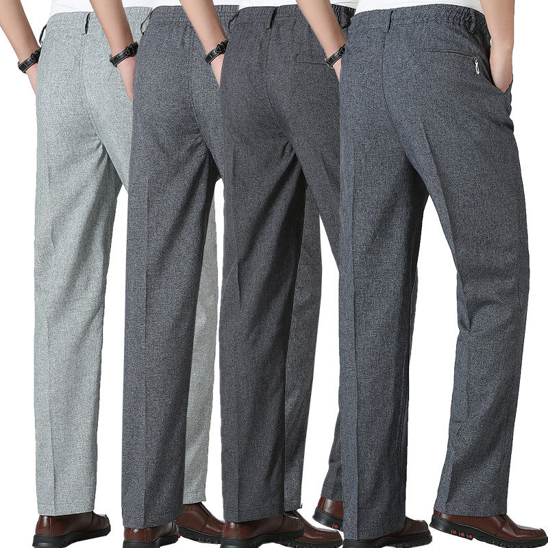 Summer thin elderly 60 year old tight waist casual pants in old age straight cylinder loose linen trousers male daddy Western pants