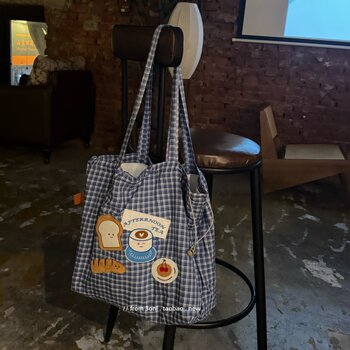 A day at the cafe! japanese blue plaid large-capacity student shoulder bag for girls retro versatile armpit bag