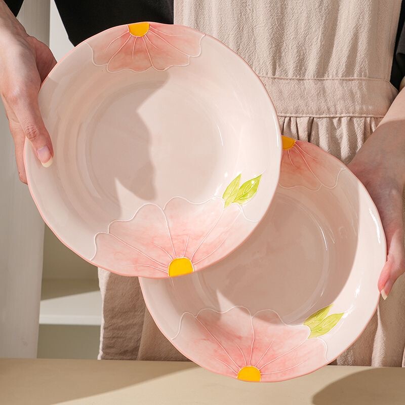 2026 New Model Household Plates with Underglaze Color Hand-Painted Ceramic Plates, Embossed Deep Plates, Girly Breakfast Plates, Western-Style Plates