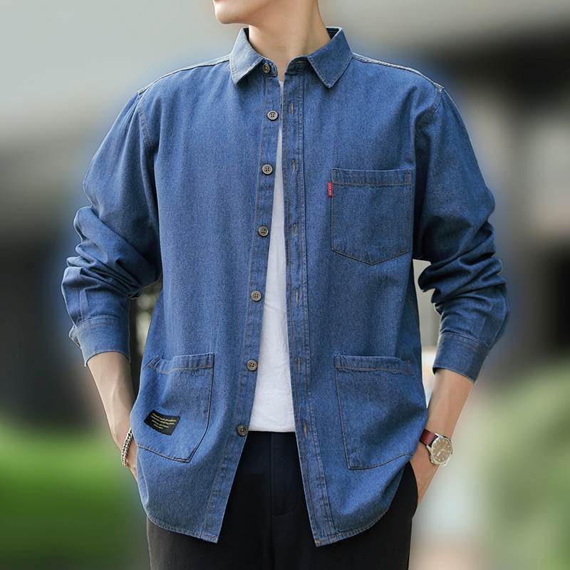 High-End Casual Style Pure Cotton Denim Shirt for Men, Long-Sleeved Slim-Fit Cardigan, Versatile Trendy Men's Wear, No-Iron Anti-Wrinkle Shirt