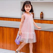  Childrens clothing 2021 Summer dress Girls Middle and large childrens lace sleeveless round neck mesh Princess skirt